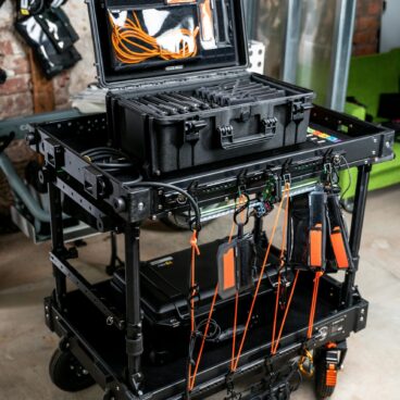 Close-up of a versatile film production cart with organized gear, ideal for on-set use.